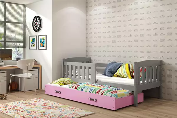 Visualisering av KUBUŚ utdragbar juniorsäng 90x200 med madrass och låda, grafit/rosa