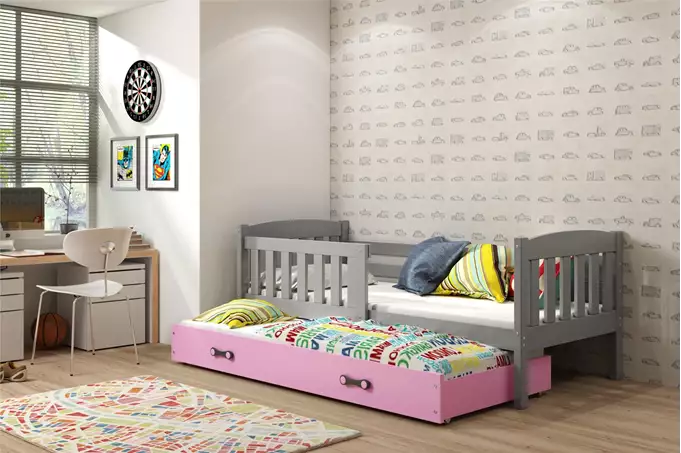 Visualisering av KUBUŚ utdragbar juniorsäng 90x200 med madrass och låda, grafit/rosa