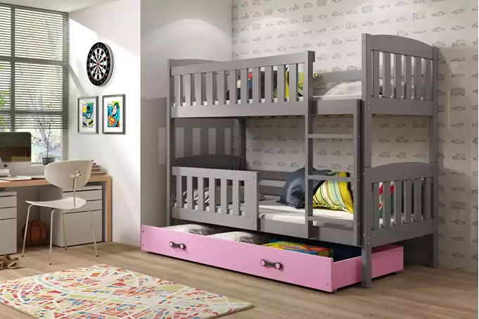Visualisering av KUBUŚ våningssäng för ungdomar 90X200 med låda, grafit/rosa