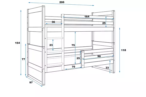 Storlek på Loftsäng för unga RICO 90X200 med madrass, furu/grafit