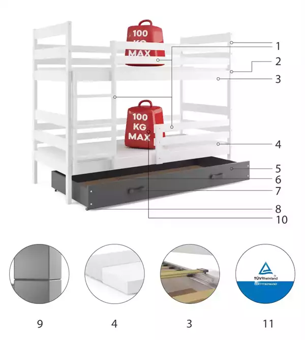 Beståndsdelar för Loftsäng för ungdom ERYK 90X200 med madrass och låda, vit/grafit