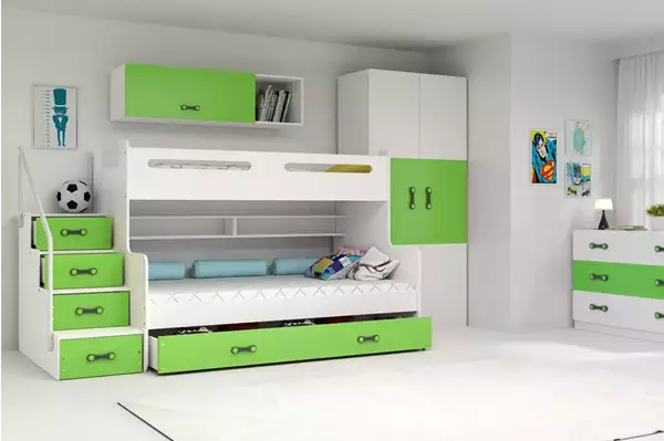 Visualisering av Loftsäng för ungdom MAX 3 120X200 med madrass och låda, grön Visualisering av Loftsäng för ungdom MAX 3 120X200 med madrass och låda, grön