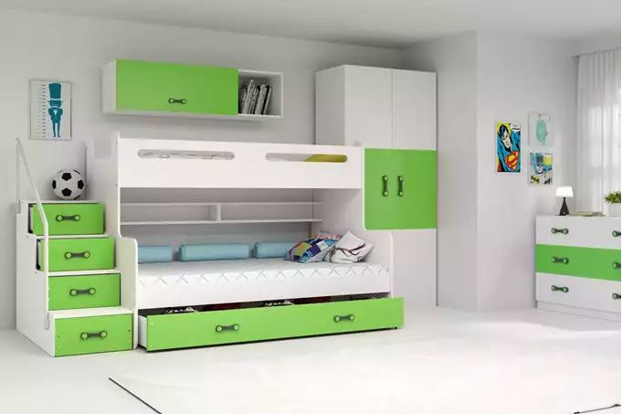Visualisering av Loftsäng för ungdom MAX 3 120X200 med madrass och låda, grön