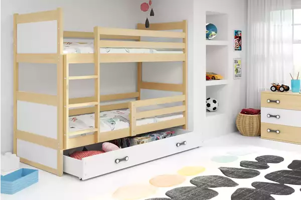 Visualisering av Loftsäng för ungdom RICO 90x200 med madrass och låda, furu/vit
