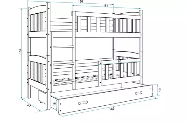 Storlek på Loftsäng för ungdomar KUBUŚ 90X190 med låda, vit/blå