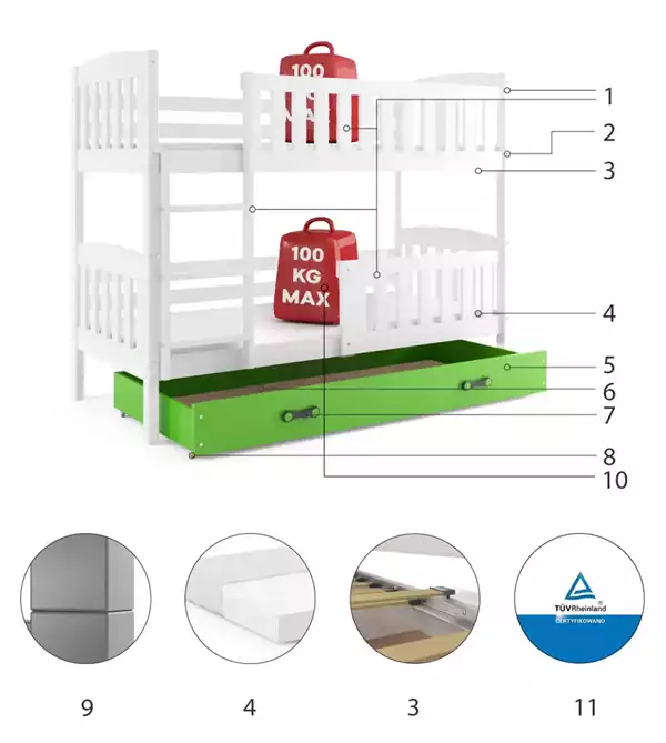 Beståndsdelar för Loftsäng för ungdomar KUBUŚ 90X190 med låda, vit/grön