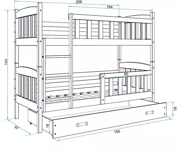 Storlek på Loftsäng för ungdomar KUBUŚ 90X200 med låda, vit/grön