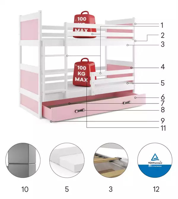 Beståndsdelar för Loftsäng för ungdomar RICO 90X190 med madrass och låda, vit/rosa