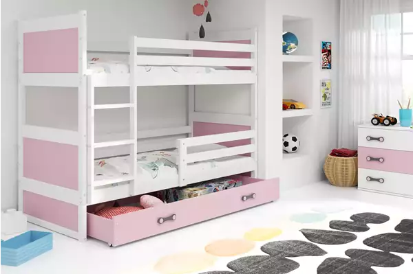 Visualisering av Loftsäng för ungdomar RICO 90X190 med madrass och låda, vit/rosa