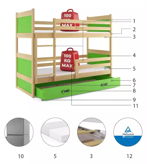 Beståndsdelar för Loftsäng för ungdomar RICO 90x200 med låda, furu/grön Beståndsdelar för Loftsäng för ungdomar RICO 90x200 med låda, furu/grön