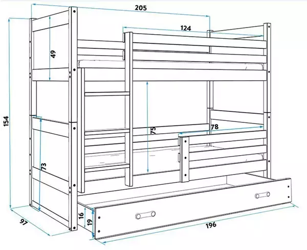 Storlek på Loftsäng för ungdomar RICO 90x200 med låda, furu/grön Storlek på Loftsäng för ungdomar RICO 90x200 med låda, furu/grön