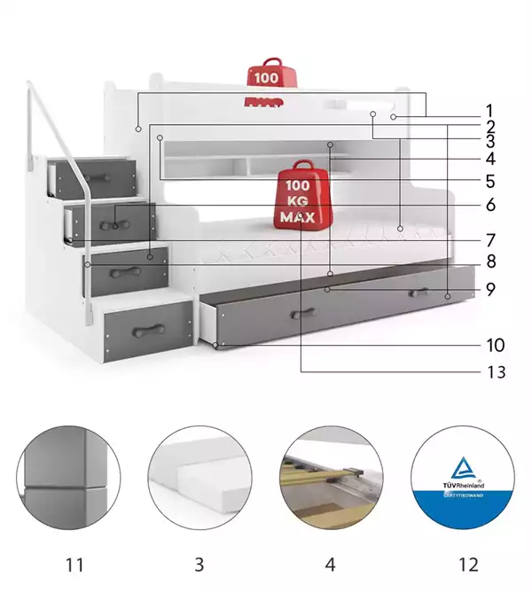 Beståndsdelar för Loftssäng för ungdomar MAX 3 120X200 med madrass och låda, grafit Beståndsdelar för Loftssäng för ungdomar MAX 3 120X200 med madrass och låda, grafit