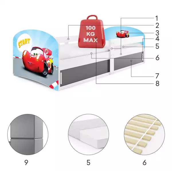 Beståndsdelar för LUKI 1 barnsäng enkel 80x160 med madrass och förvaring, Bil, vit Beståndsdelar för LUKI 1 barnsäng enkel 80x160 med madrass och förvaring, Bil, vit