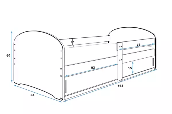 Storlek på LUKI 1 barnsäng enkel 80x160 med madrass och förvaring, Bil, vit Storlek på LUKI 1 barnsäng enkel 80x160 med madrass och förvaring, Bil, vit
