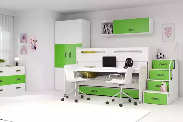 Visualisering av MAX 1 Tredubbelsäng för ungdomar 80X200 med skrivbord, grön Visualisering av MAX 1 Tredubbelsäng för ungdomar 80X200 med skrivbord, grön