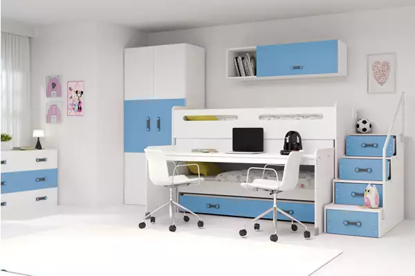 Visualisering av MAX 1 Trepersoners Ungdomssäng 80X200 med Skrivbord, blå