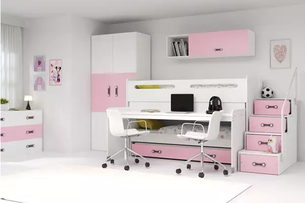 Visualisering av MAX 1 Trevåningssäng för ungdomar 80X200 med skrivbord, rosa