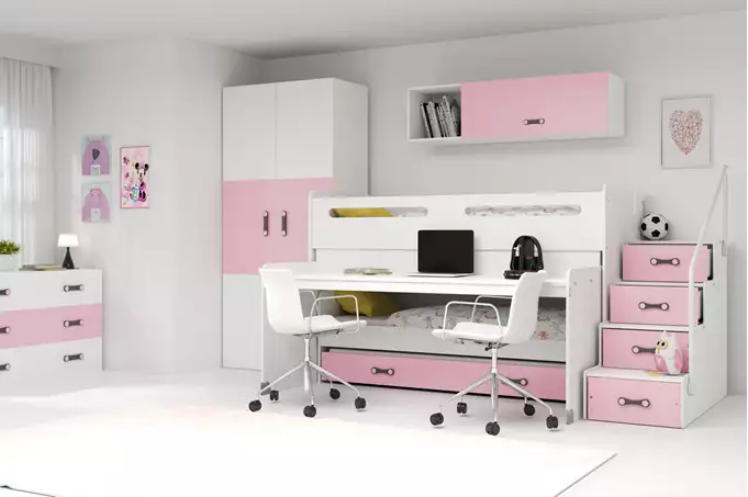 Visualisering av MAX 1 Trevåningssäng för ungdomar 80X200 med skrivbord, rosa