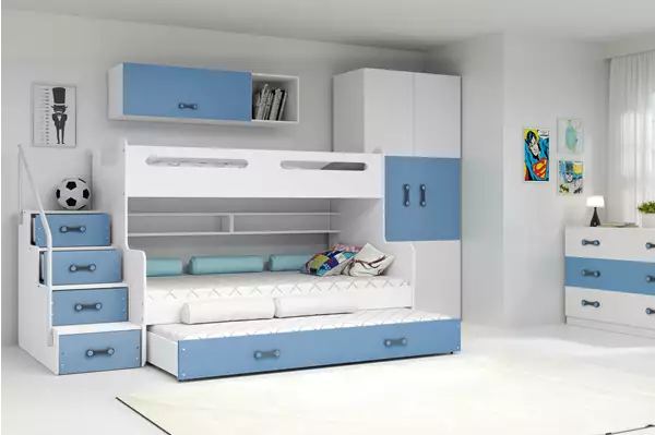 Visualisering av MAX 3 Tre-sits Ungdomssäng 120X200 med låda, blå Visualisering av MAX 3 Tre-sits Ungdomssäng 120X200 med låda, blå