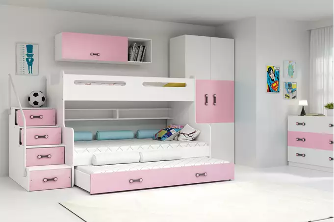 Visualisering av MAX 3 Tredubbels Ungdomssäng 120X200 med Låda, Rosa