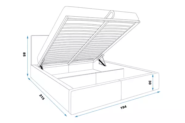 Storlek på Polstrad säng HILTON 180x200 med förvaring, blå Storlek på Polstrad säng HILTON 180x200 med förvaring, blå