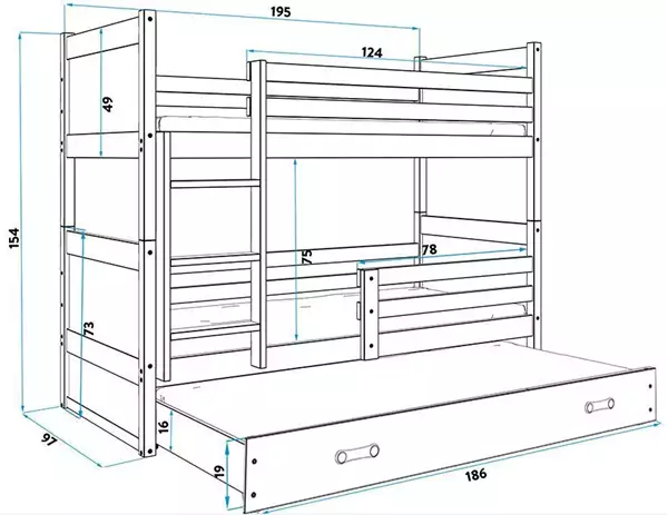 Storlek på RICO 3-sits ungdomssäng 90X190 med låda, furu/vit