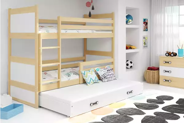Visualisering av RICO 3-sits ungdomssäng 90X190 med låda, furu/vit
