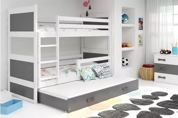 Visualisering av RICO 90X190 juniorsäng för tre med madrass och låda, vit/grafit Visualisering av RICO 90X190 juniorsäng för tre med madrass och låda, vit/grafit
