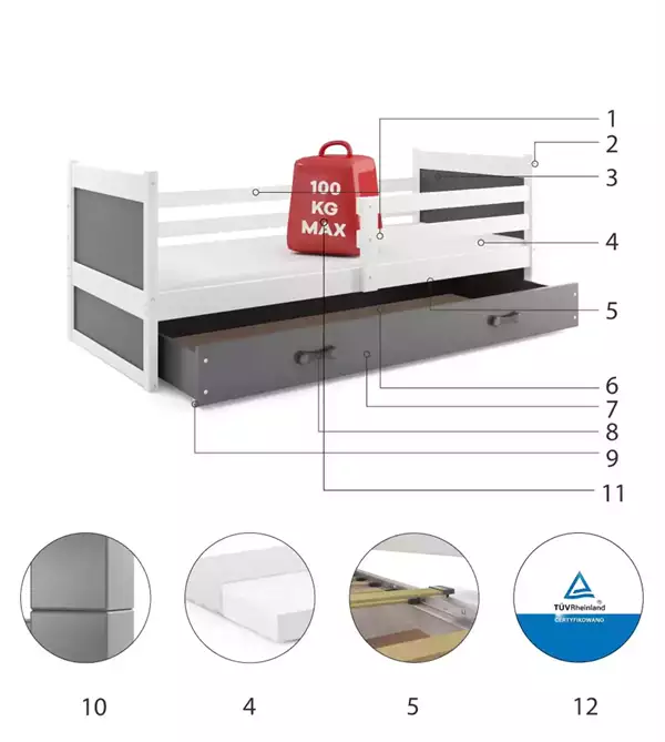 Beståndsdelar för RICO enkelsäng för ungdom 90X190 med låda, vit/grafit