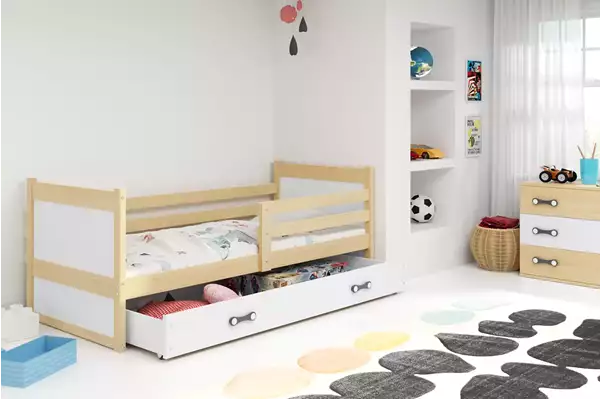 Visualisering av RICO Enkelsäng för ungdom 90X200 med låda, furu/vit Visualisering av RICO Enkelsäng för ungdom 90X200 med låda, furu/vit