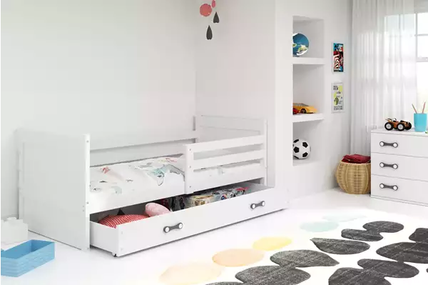 Visualisering av RICO juniorsäng enkel 90X200 med låda, vit