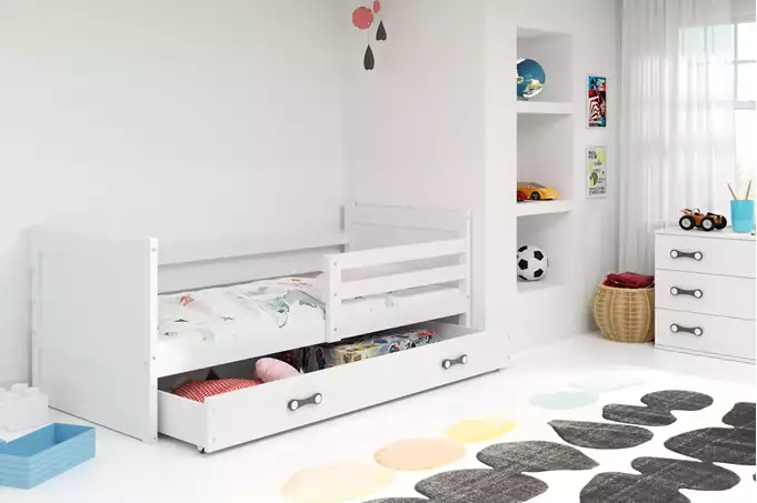Visualisering av RICO juniorsäng enkel 90X200 med låda, vit