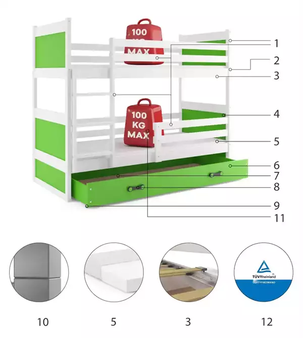 Beståndsdelar för RICO Loft Junior Säng 90X200 med låda, vit/grön