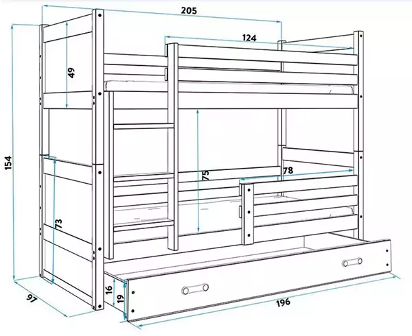 Storlek på RICO Loft Junior Säng 90X200 med låda, vit/grön