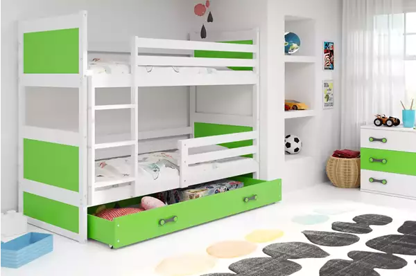 Visualisering av RICO Loft Junior Säng 90X200 med låda, vit/grön