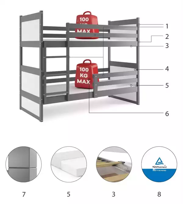 Beståndsdelar för RICO loftsäng för ungdomar 90X200, grafit/vit