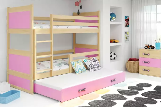 Visualisering av RICO tredubbels juniorsäng 90X200 med madrass och låda, furu/rosa