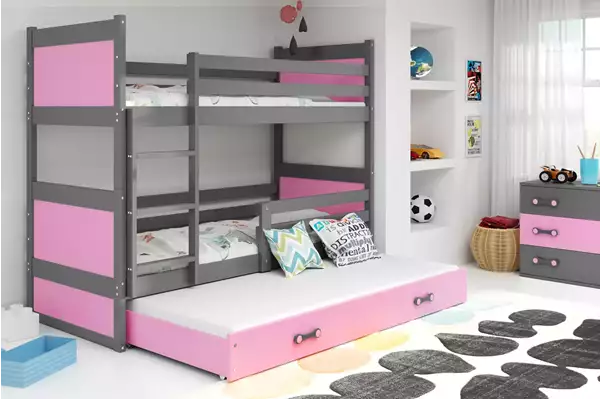 Visualisering av RICO trepersoners juniorsäng 90X200 med låda, grafit/rosa Visualisering av RICO trepersoners juniorsäng 90X200 med låda, grafit/rosa