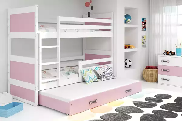 Visualisering av RICO trippelsäng för ungdomar 90X190 med madrass och låda, vit/rosa Visualisering av RICO trippelsäng för ungdomar 90X190 med madrass och låda, vit/rosa