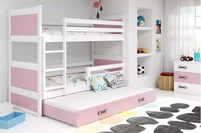 Visualisering av RICO trippelsäng för ungdomar 90X190 med madrass och låda, vit/rosa