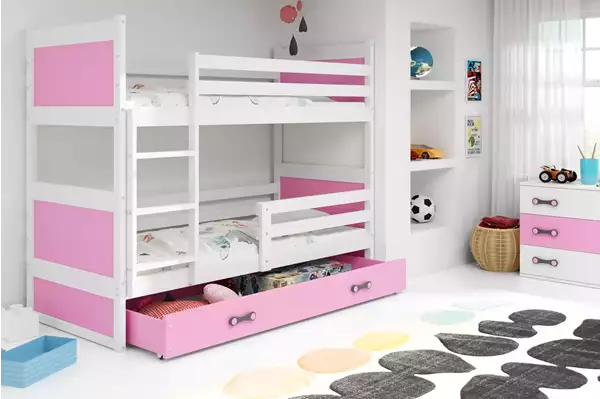 Visualisering av RICO ungdoms våningssäng 90X200 med låda, vit/rosa