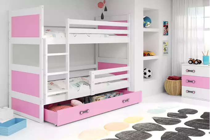 Visualisering av RICO ungdoms våningssäng 90X200 med låda, vit/rosa