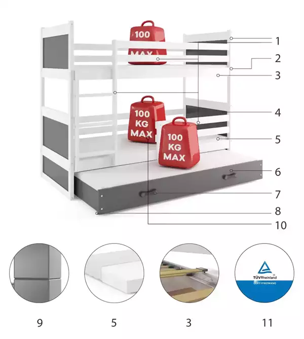 Beståndsdelar för RICO ungdomssäng för tre personer 90x200 med madrass och låda, vit/grafit