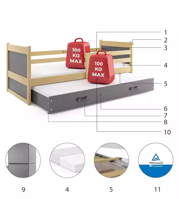 Beståndsdelar för RICO utdragbar juniorsäng 80x190 med låda, furu/grafit