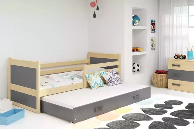 Visualisering av RICO utdragbar juniorsäng 80x190 med låda, furu/grafit