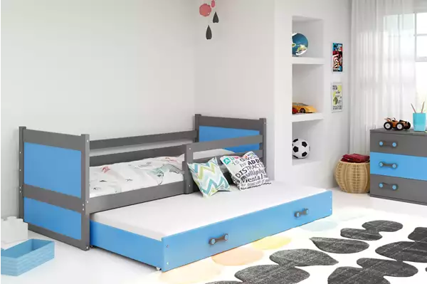 Visualisering av RICO utdragbar juniorsäng 90X190 med låda, grafit/blå Visualisering av RICO utdragbar juniorsäng 90X190 med låda, grafit/blå