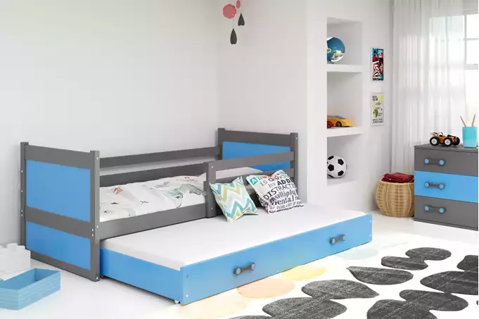 Visualisering av RICO utdragbar juniorsäng 90X190 med låda, grafit/blå