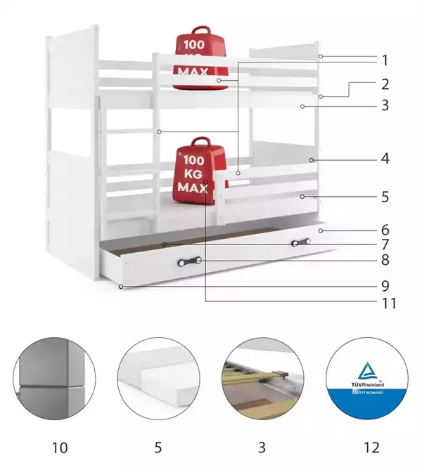 Beståndsdelar för RICO våningssäng för ungdom 90X190 med låda, vit Beståndsdelar för RICO våningssäng för ungdom 90X190 med låda, vit