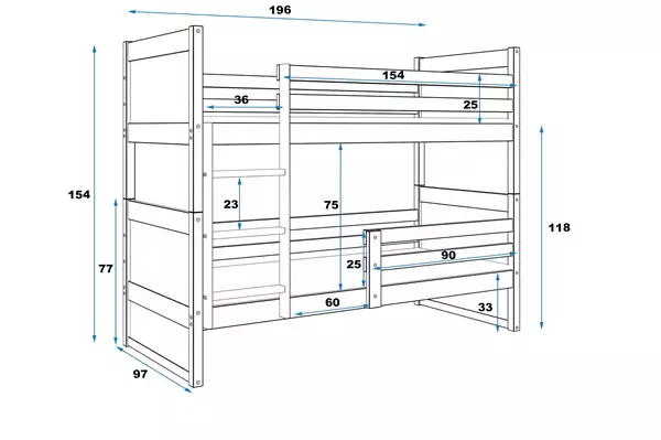 Storlek på RICO våningssäng för ungdom 90X190 med madrass, furu/grön Storlek på RICO våningssäng för ungdom 90X190 med madrass, furu/grön