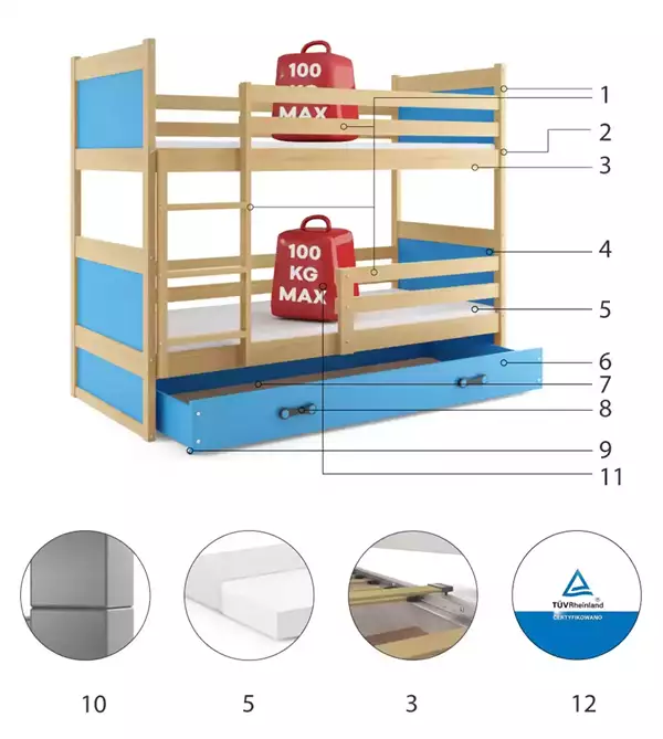 Beståndsdelar för RICO Våningssäng för ungdomar 90x190 med låda, furu/blå
